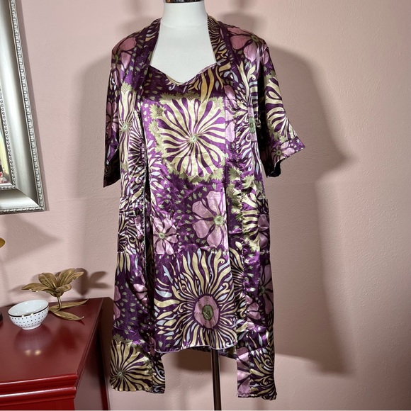 Vintage retro Asian floral royal purple green satin mini slip dress Robe set - Picture 6 of 16